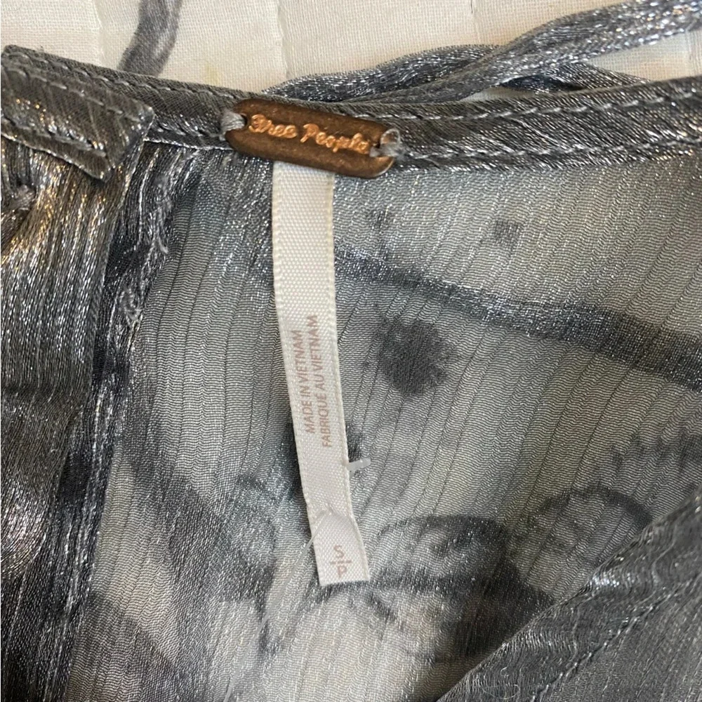 NWT Free People Freya Frost Top Metallic Silver Gray Sheer Long Sleeve Ribbon SP